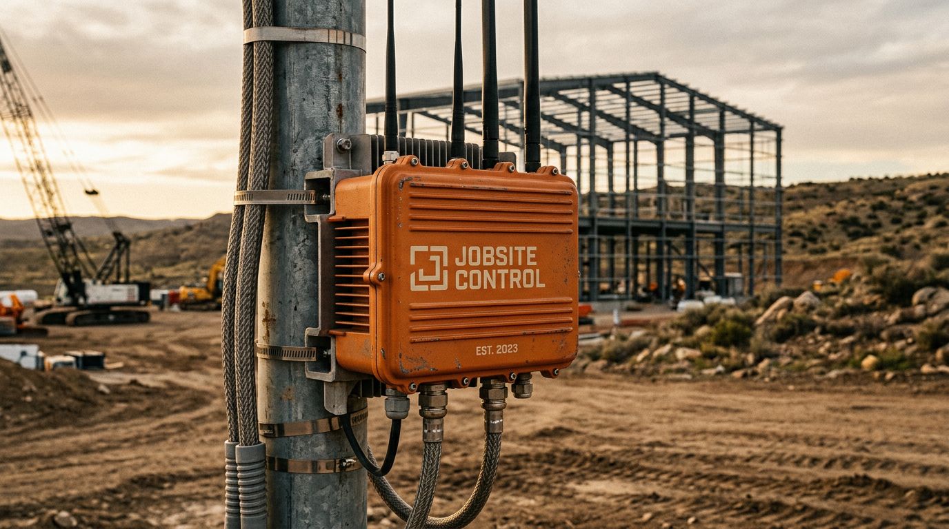 A ruggedized edge-compute and connectivity unit mounted at a remote construction jobsite